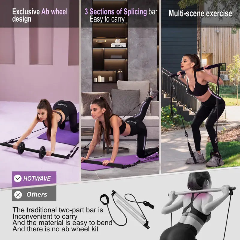 HOTWAVE Pilates Bar Kit with 15 Gym Accessories for Portable Home Gym Workout