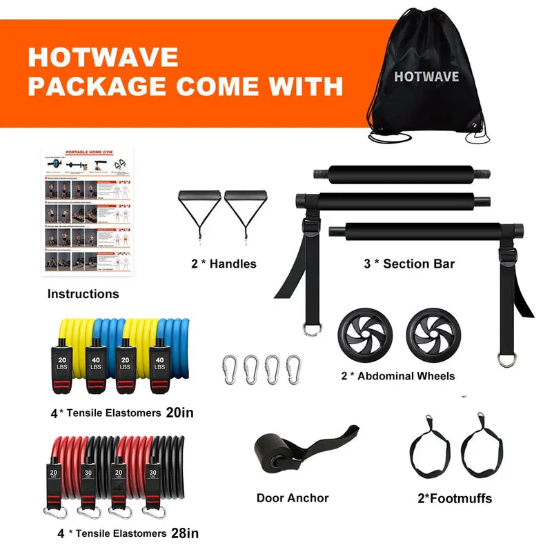 HOTWAVE Pilates Bar Kit with 15 Gym Accessories for Portable Home Gym Workout