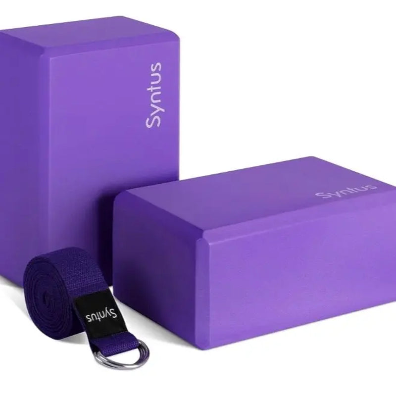 Syntus Yoga Block and Yoga Strap Set, 2 EVA Foam Soft Non-Slip Yoga Blocks 9×6×4 Inches, 8FT Metal D-Ring Strap for Yoga, General Fitness, Pilates